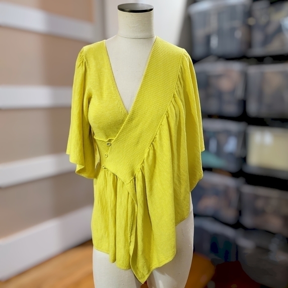 NEW Anthropologie Moth Taupo Golden Yellow Asymmetrical Sweater Wrap S/M - Picture 2 of 16